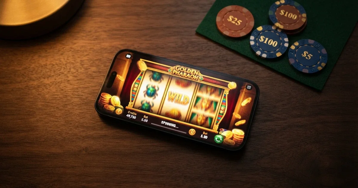Illustration de 100 free spins sans dépôt sur l'écran d'un casino en ligne, avec des machines à sous en arrière-plan