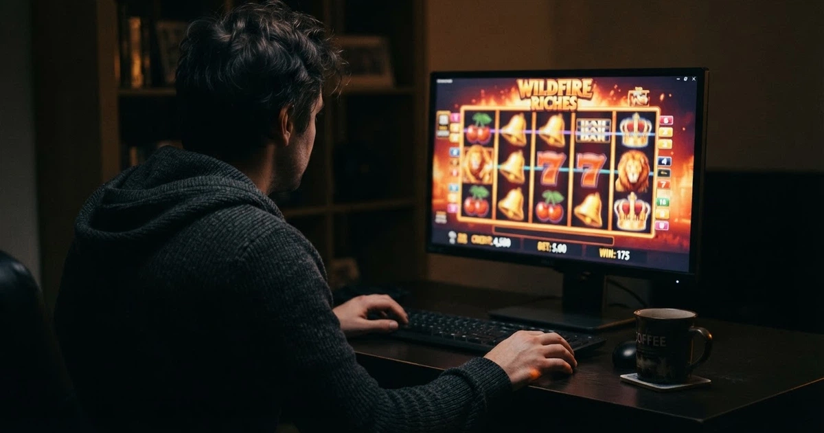 Un joueur consultant une offre de 25 free spins sans dépôt sur l'écran d'un ordinateur, une machine à sous colorée en arrière-plan