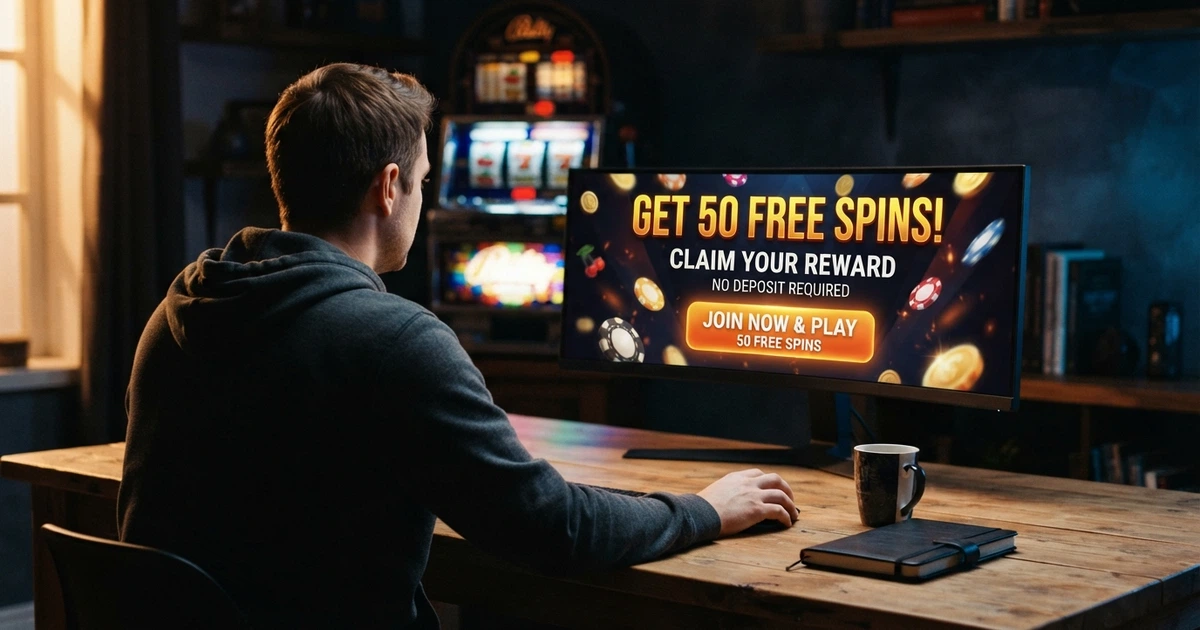 Un joueur consulte une offre de 50 free spins sur l'écran d'un ordinateur, une machine à sous en arrière-plan