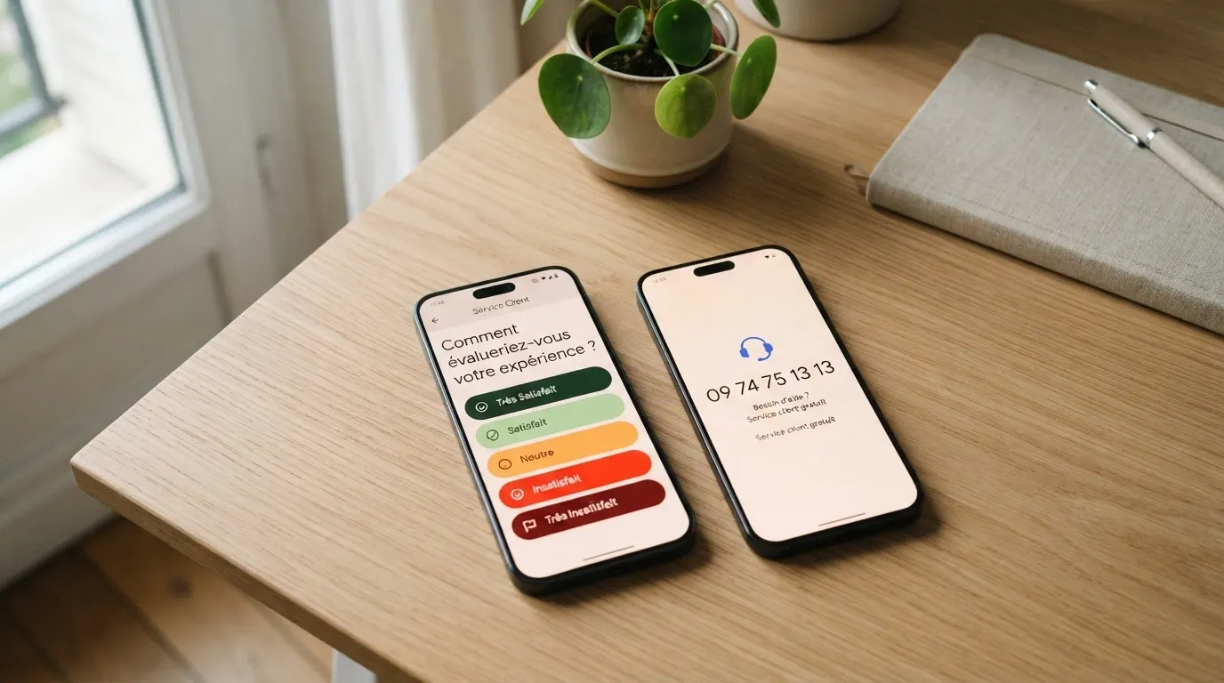 Deux téléphones côte à côte : l'un affiche l'écran d'Evalujeu.fr, l'autre le numéro de Joueurs Info Service (09 74 75 13 13)