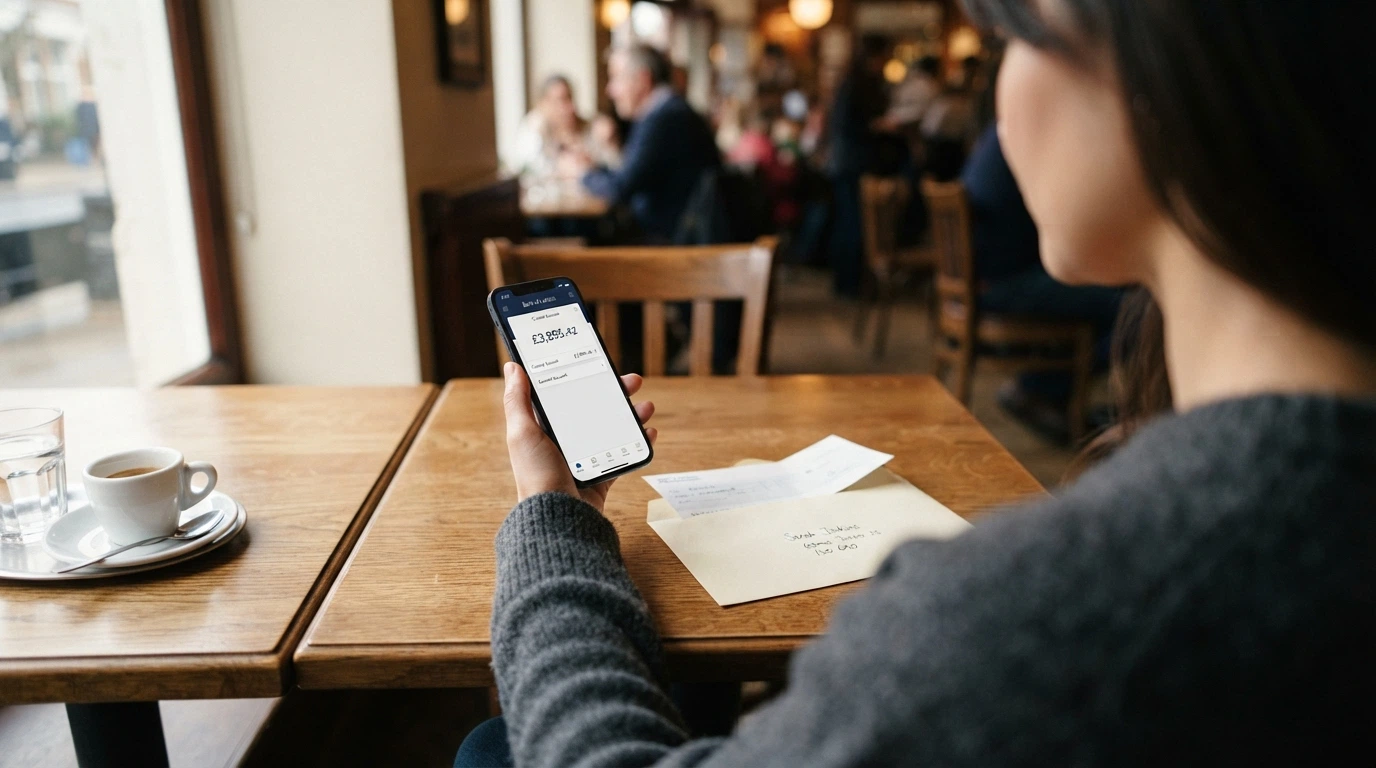 Un joueur consultant son application bancaire sur son téléphone, un chèque de banque posé à côté de lui sur une table