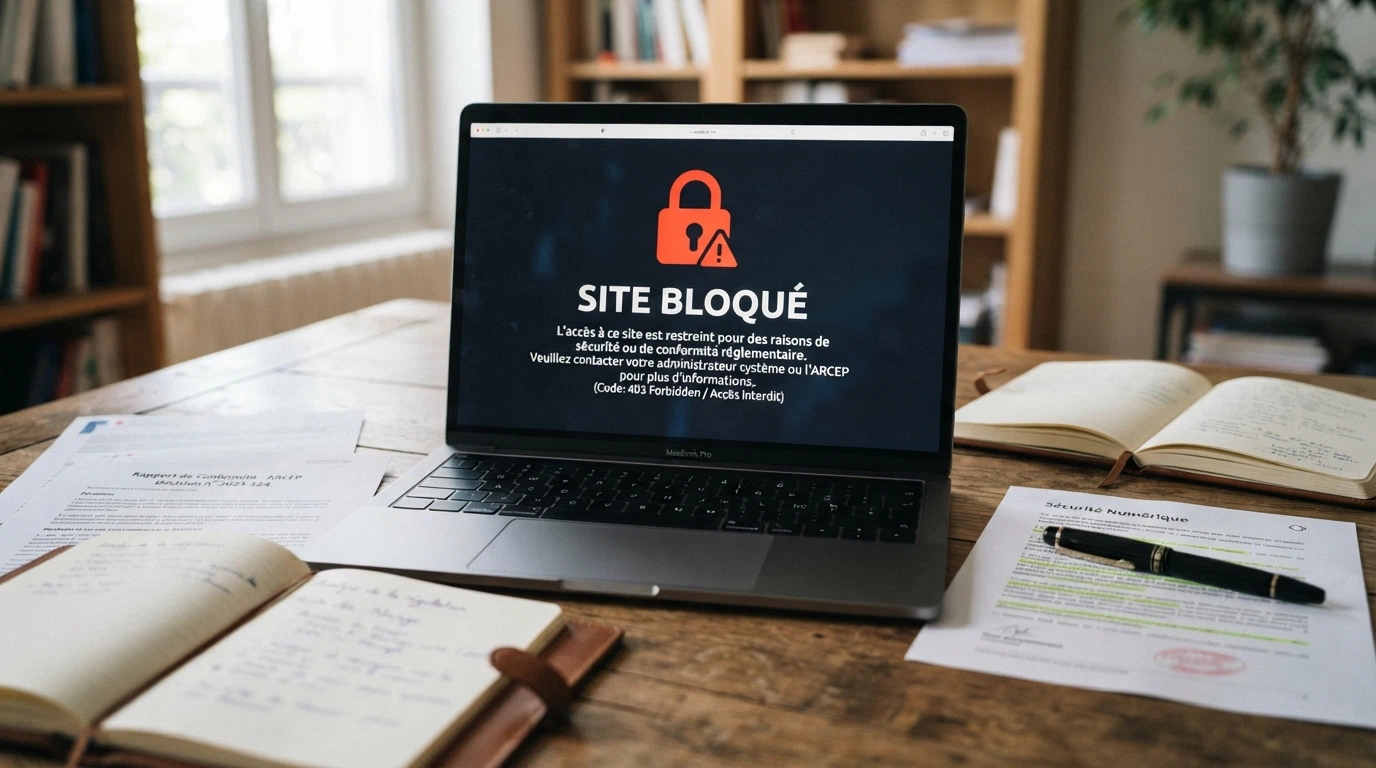Page d'accueil du site de l'ANJ affichant la liste noire des sites bloqués, visible sur un écran d'ordinateur