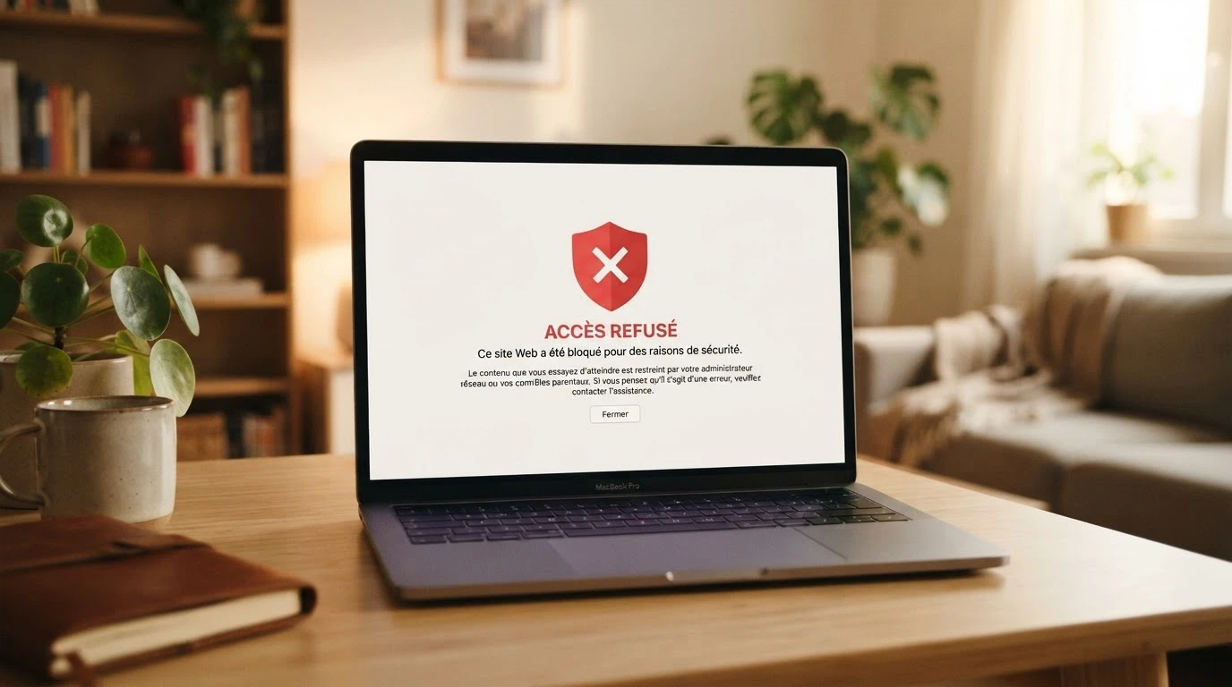 Interface de blocage d'un site de casino illégal par l'ANJ, avec le logo de l'autorité