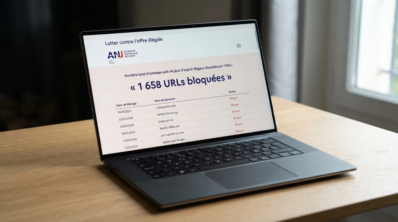 Capture d'écran de la page « Lutter contre l'offre illégale » du site de l'ANJ, montrant le compteur d'URLs bloquées et la liste noire publique.