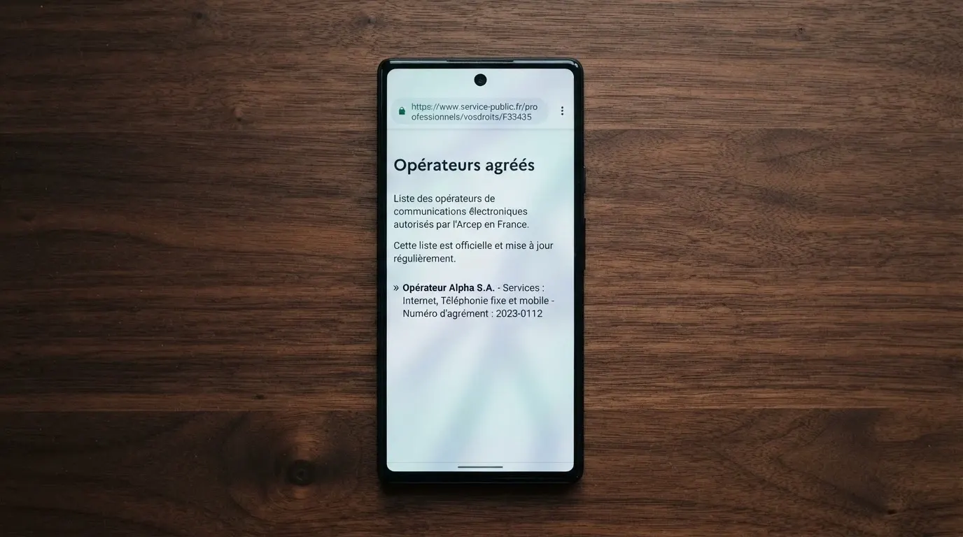 L'écran d'un smartphone affichant la page officielle « opérateurs agréés » du site anj.fr, un cadenas vert à côté de l'URL