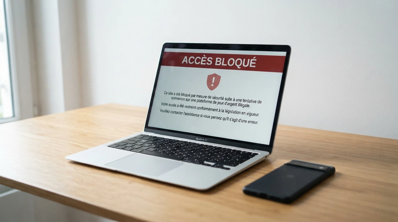 Capture d'écran du site officiel de l'ANJ avec la liste des sites bloqués et le bandeau d'avertissement aux joueurs