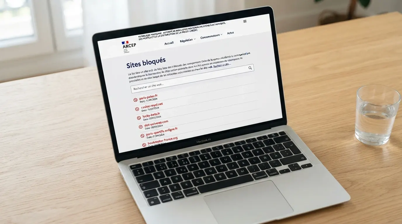 L'interface du site anj.fr montrant la page de la liste des sites bloqués, avec une barre de recherche et plusieurs noms de domaine listés en rouge