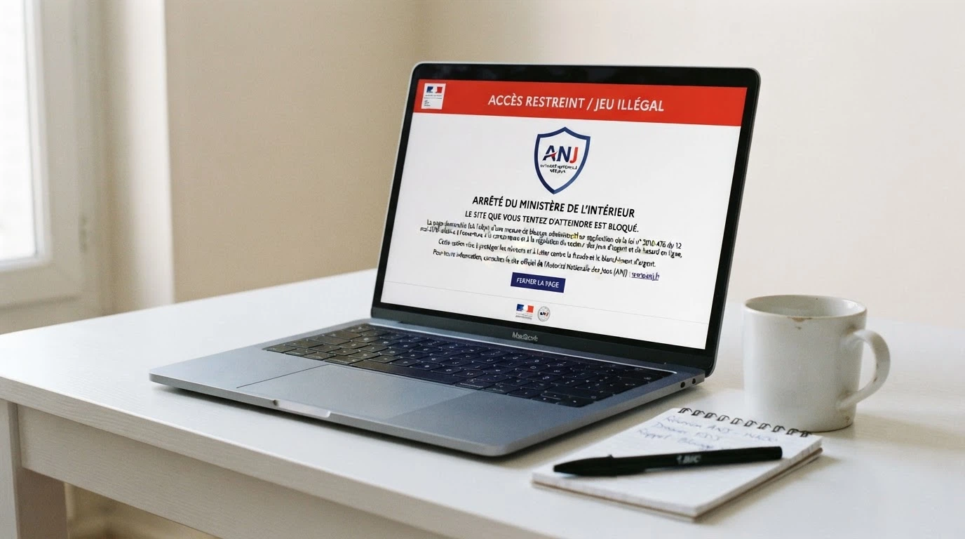 Logo de l'ANJ sur fond bleu institutionnel, avec la mention « Autorité nationale des jeux » et un bandeau rappelant l'interdiction du casino en ligne