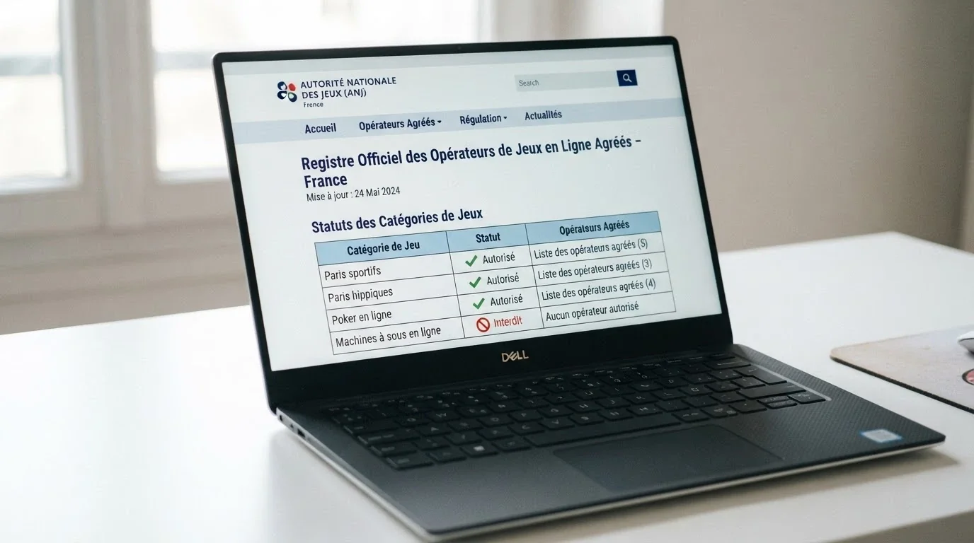 Capture d'écran du site anj.fr montrant le registre des opérateurs agréés, limité aux catégories paris sportifs, paris hippiques et poker en ligne