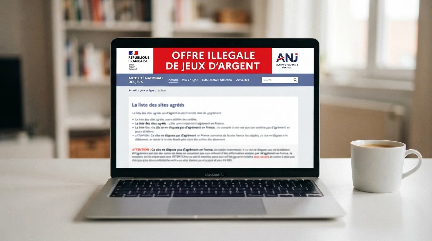 Page d'accueil du site anj.fr affichée sur un écran d'ordinateur portable, avec le bandeau d'information sur l'offre illégale visible