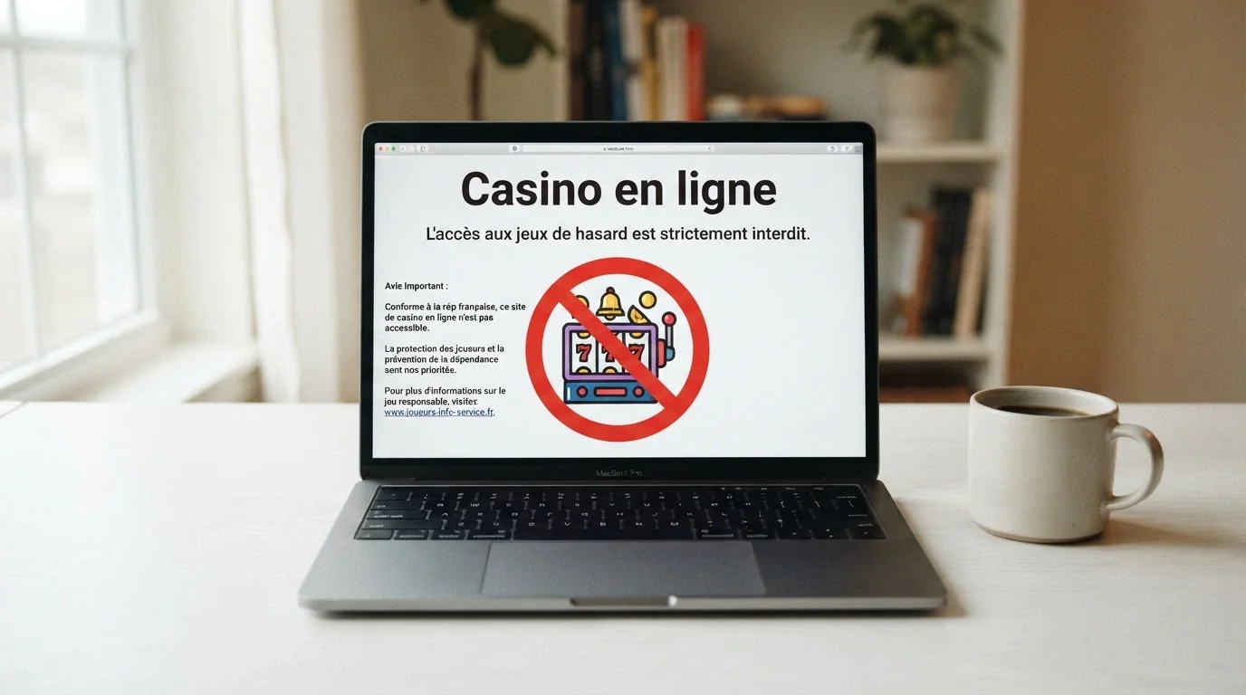 Logo de l'Autorité nationale des jeux et extrait de la réglementation française sur l'interdiction des casinos en ligne
