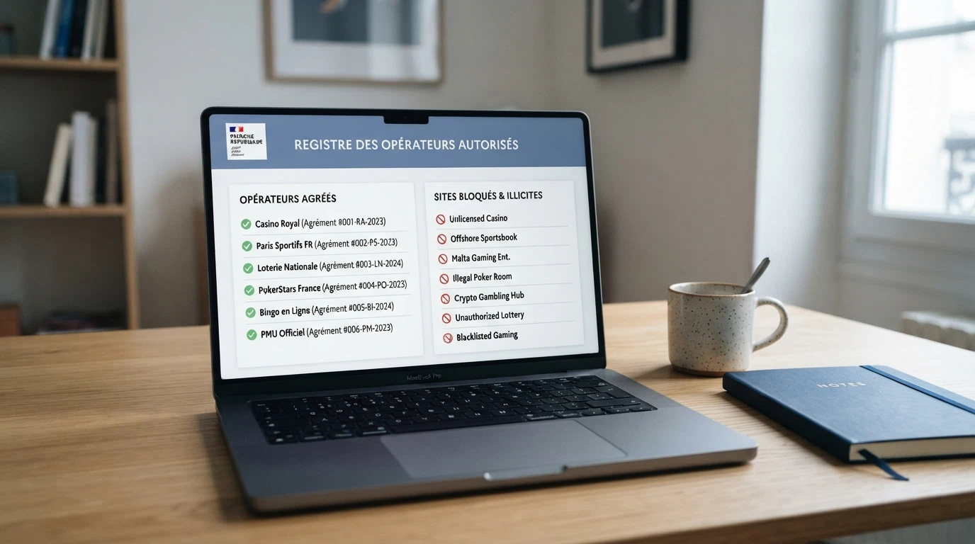 L'interface du site de l'ANJ affichant la liste des opérateurs agréés et la liste noire des sites bloqués