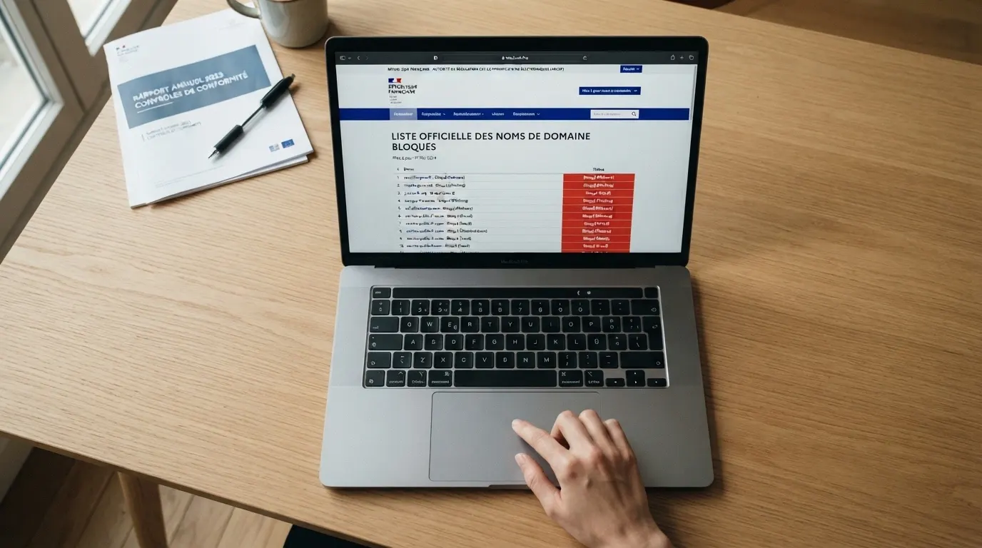 Capture d'écran du site de l'ANJ montrant la page de la liste noire des sites de jeux interdits en France