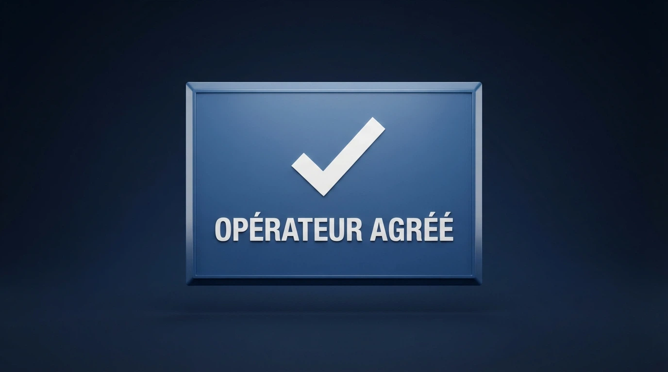 Le logo de l'Autorité nationale des jeux sur fond bleu, avec la mention « opérateur agréé » en français