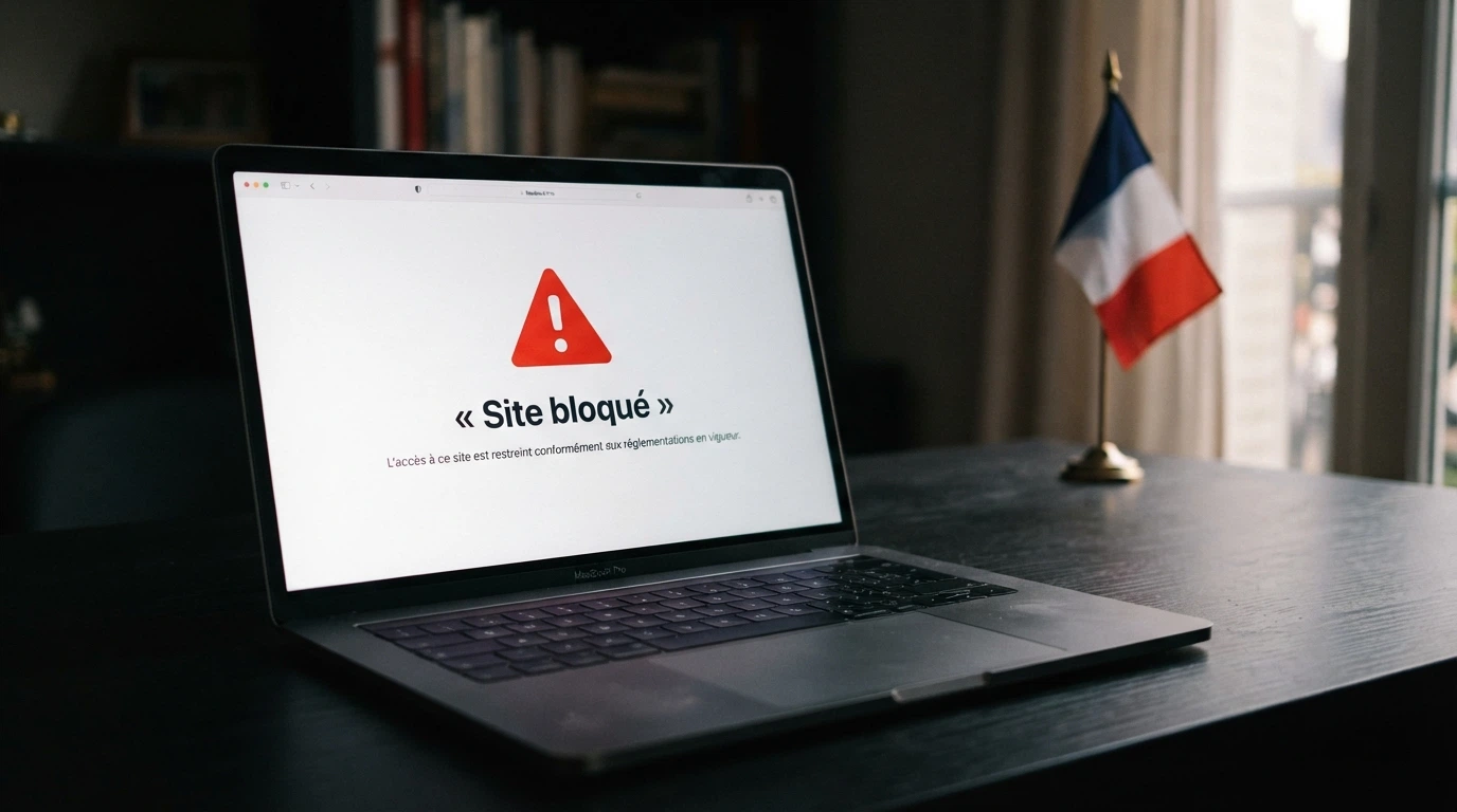 Capture d'écran du site ANJ avec le bandeau d'alerte sur les casinos en ligne illégaux, sur fond de drapeau français