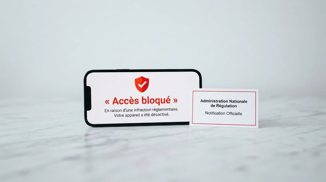 Logo officiel de l'Autorité nationale des jeux sur fond blanc, à côté d'un smartphone affichant la liste noire des sites de jeux bloqués par l'ANJ
