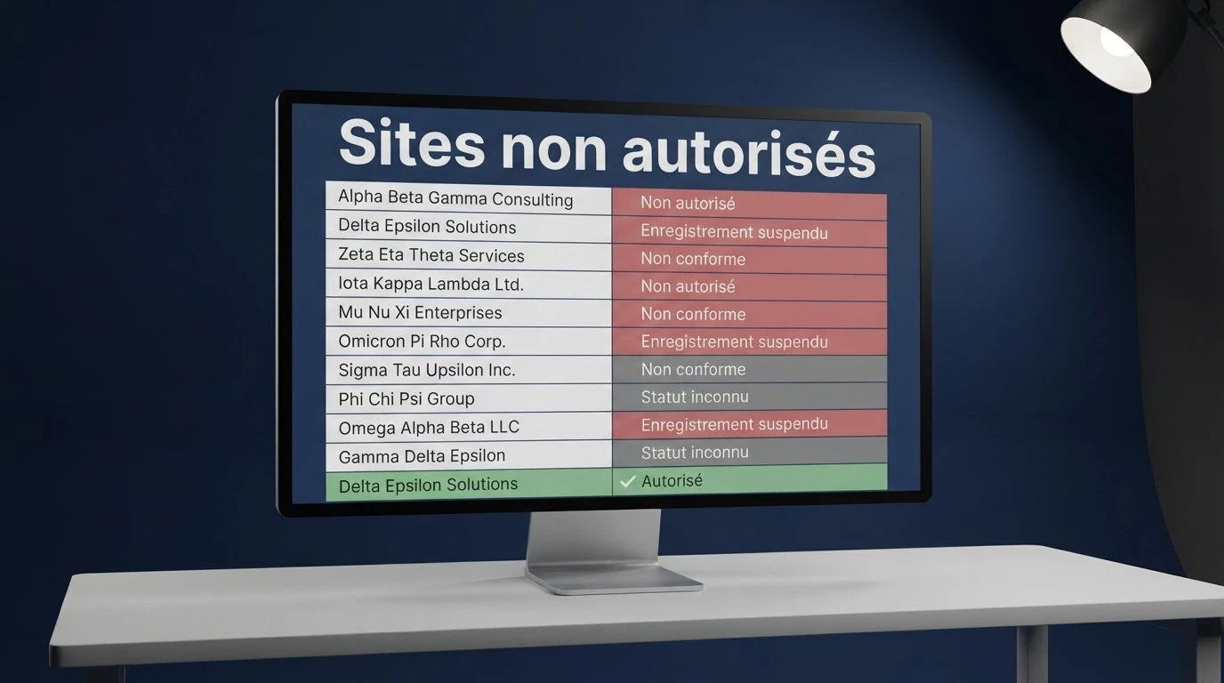 Interface du registre ANJ affichant la liste des opérateurs agréés, avec un bandeau d'avertissement sur les sites non autorisés