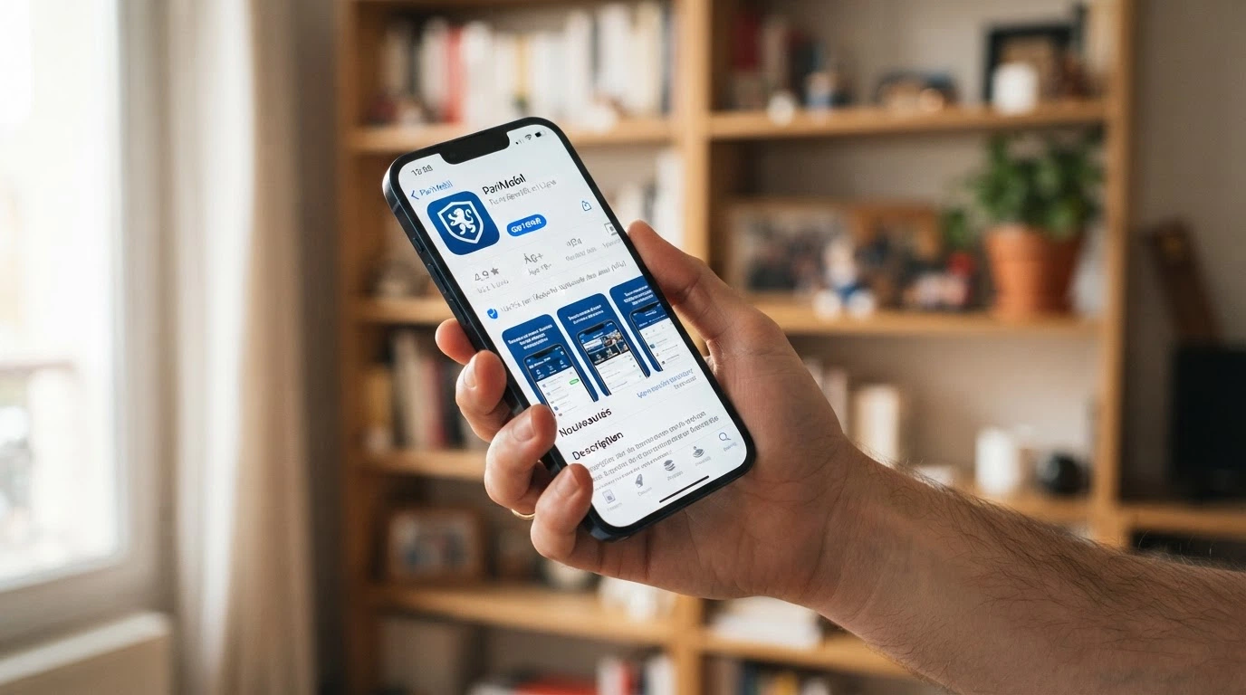Page de l'App Store français sur un iPhone affichant la fiche d'une application de paris sportifs agréée ANJ, avec la note, le nombre d'avis et le badge de vérification Apple
