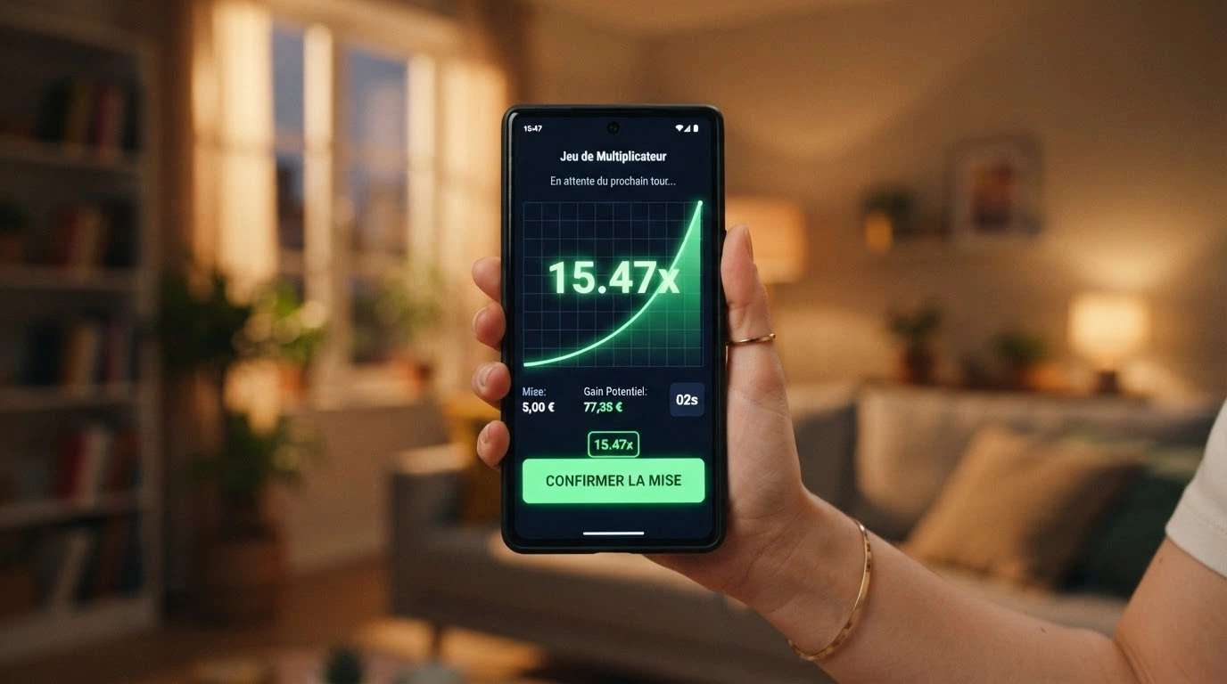Un smartphone affichant une partie d'Aviator dans le navigateur mobile, le bouton Cash Out bien visible au centre de l'écran