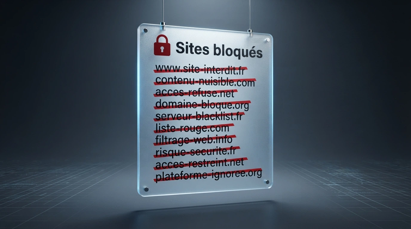 Une liste stylisée de sites barrés d'un cadenas rouge, avec le sigle ANJ en haut de page