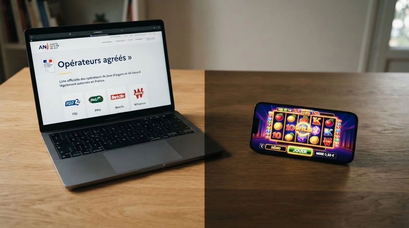 Un écran affichant la page d'accueil du site de l'ANJ à côté d'une machine à sous en mode démonstration, séparés par une ligne nette