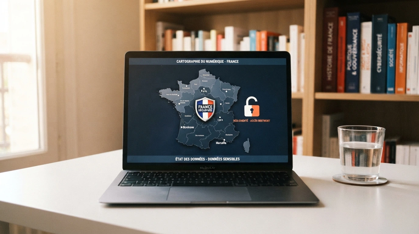 Le logo de l'ANJ sur l'écran d'un ordinateur, superposé à une carte de France, avec un cadenas ouvert en transparence