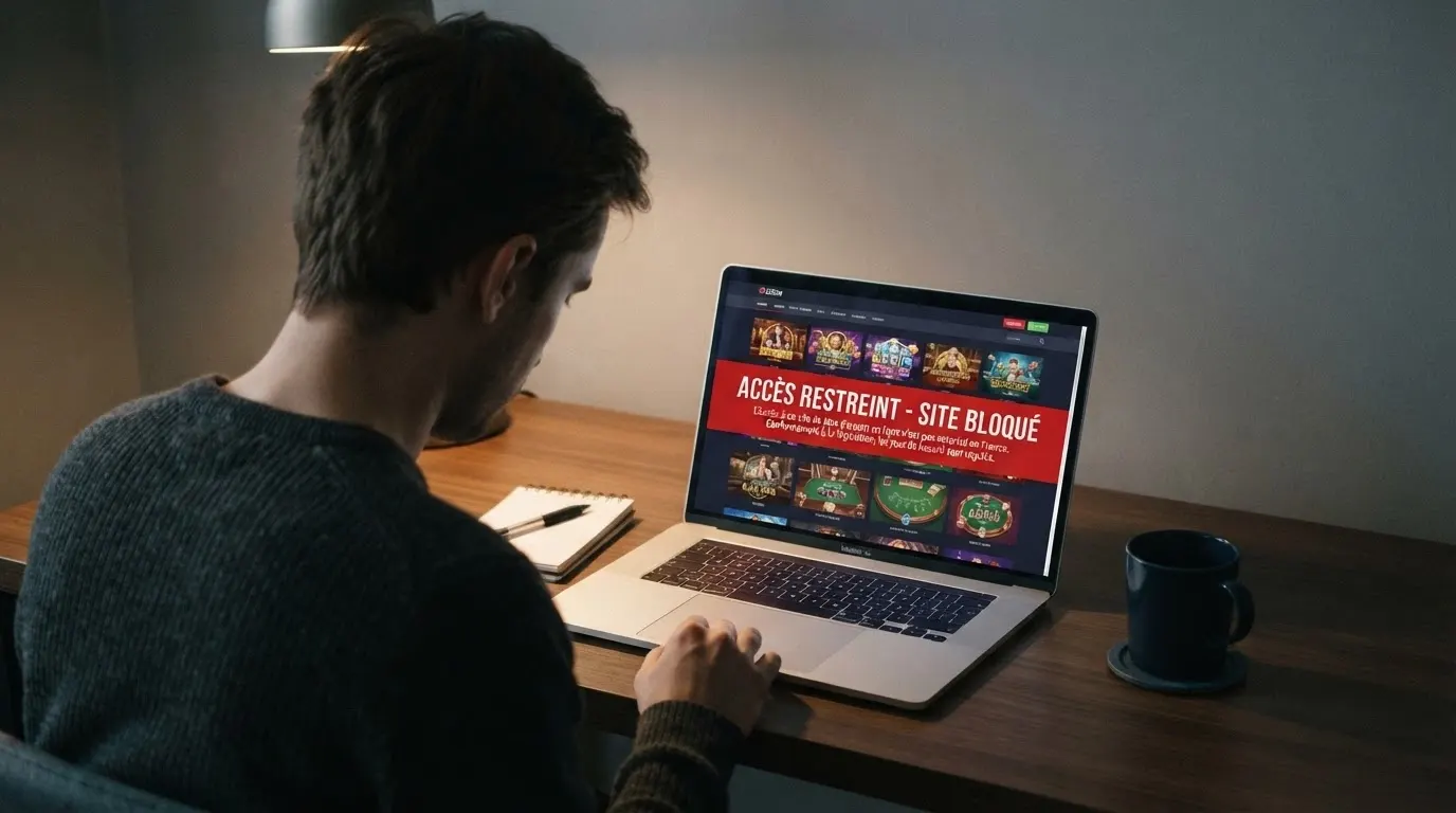 Interface d'un site de casino en direct barrée d'un bandeau d'avertissement, écran partagé entre le jeu et une page officielle de l'ANJ