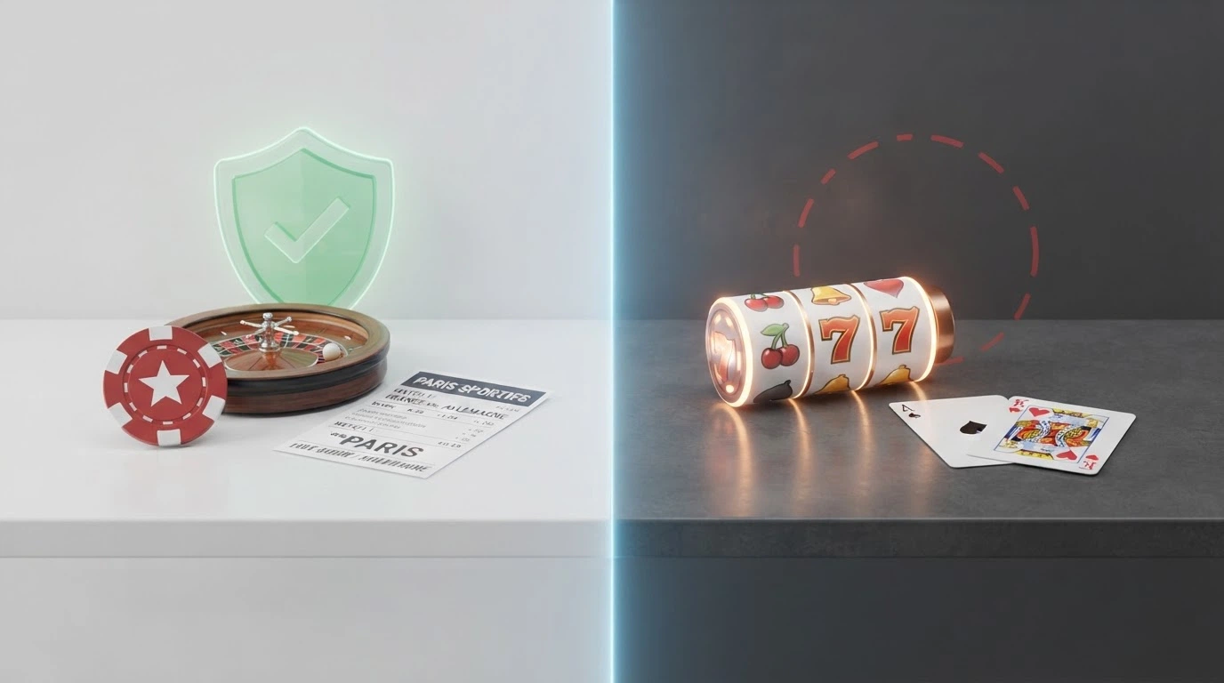Schéma comparatif entre le cadre réglementaire français (ANJ, périmètre agréé) et le marché offshore des casinos en ligne accessibles en France