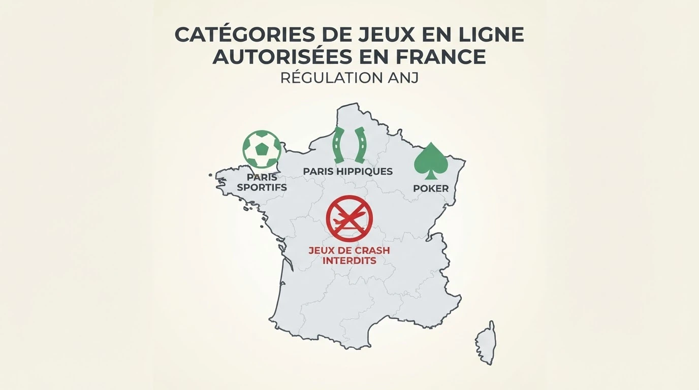 Une carte schématique de la France avec les symboles des jeux d'argent autorisés (paris sportifs, hippiques, poker) et un avion de crash game barré d'un X rouge