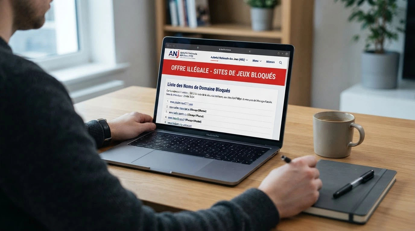 Capture d'écran du site officiel de l'ANJ affichant la rubrique « offre illégale » et la liste des sites bloqués