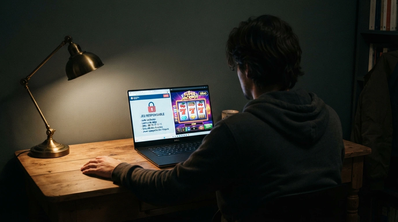 Un écran partagé : à gauche, le logo de l'ANJ et le texte « jeux de casino en ligne interdits » ; à droite, une machine à sous en mode démo avec la mention « crédits virtuels »