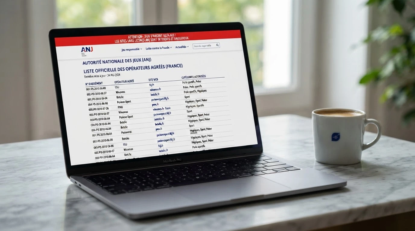 Page du site de l'ANJ présentant la liste des opérateurs agréés et un bandeau d'avertissement sur les sites illégaux