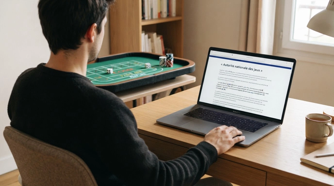 Un document officiel français portant le logo de l'ANJ posé sur un bureau, avec un ordinateur affichant une table de craps en arrière-plan flouté