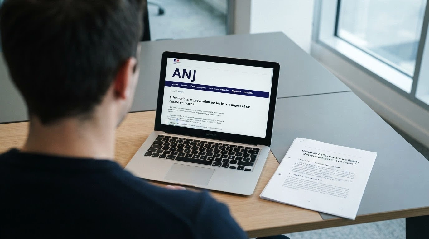 Un écran affichant le site officiel de l'ANJ à côté d'un texte de loi français