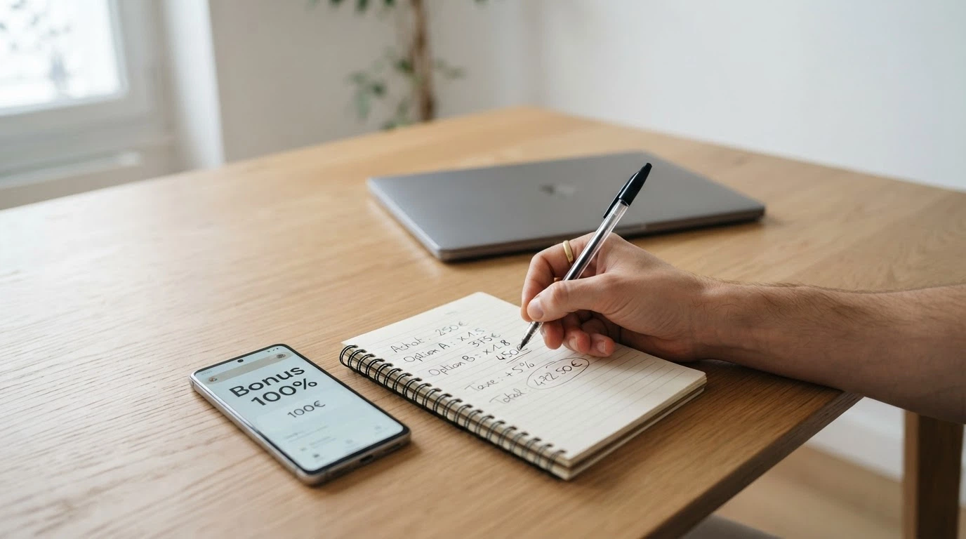 Une calculatrice posée à côté d'un écran affichant une bannière « Bonus 100 % jusqu'à 500 € », avec une feuille de calcul montrant le turnover réel nécessaire