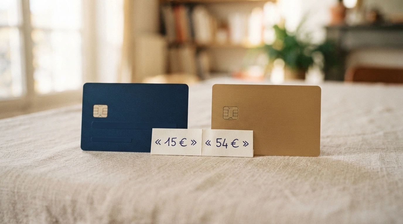 Les deux cartes bancaires FLOA (standard et Gold) posées côte à côte sur une table, face recto visible