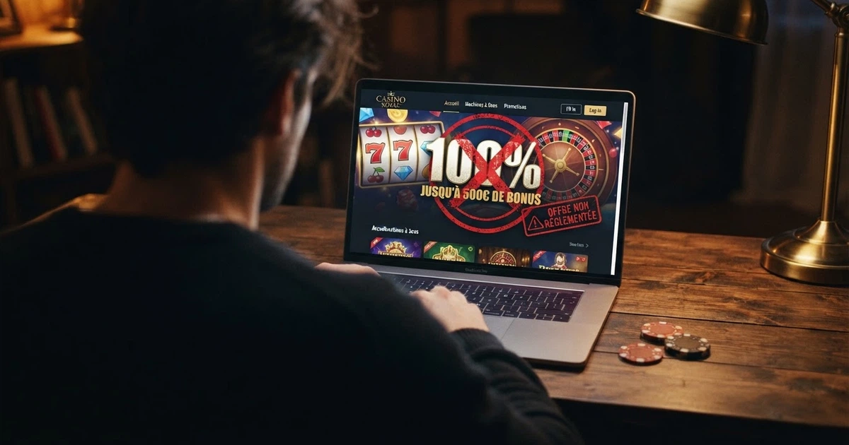 Un écran affichant la page d'accueil d'un casino en ligne avec une bannière « bonus 100% » et, en surimpression, un tampon rouge « offre non régulée en France »