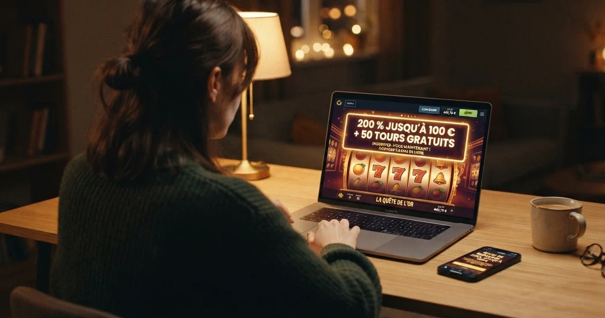 Interface d'un casino en ligne affichant une offre de bonus de bienvenue à 200 % sur un premier dépôt