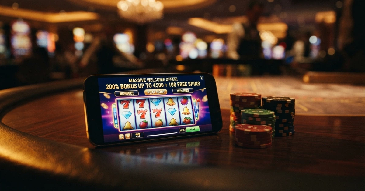Comparaison de casinos en ligne affichant des offres de bonus de bienvenue, avec des pourcentages, des montants en euros et des symboles de machines à sous