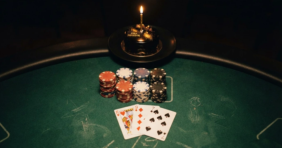 Une table de casino vue du dessus avec des jetons, des cartes et un gâteau d'anniversaire surmonté d'une bougie, sur fond noir et or