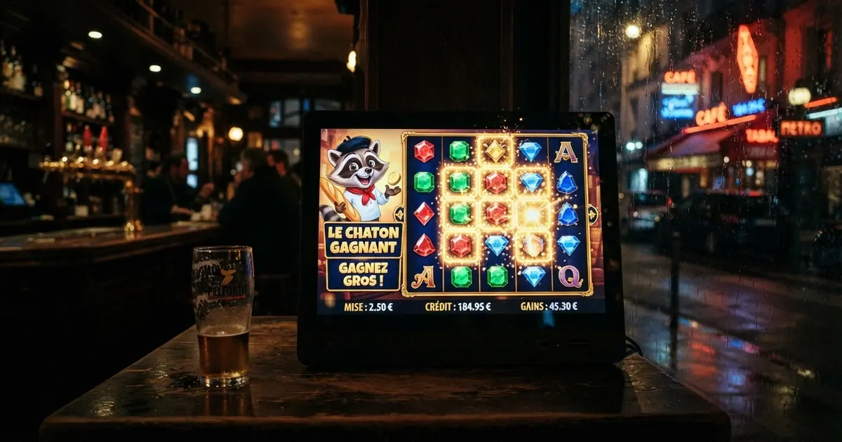 Interface de la machine à sous Le Bandit de Hacksaw Gaming avec le personnage du raton laveur Smokey, les rouleaux en cluster pays et le décor parisien