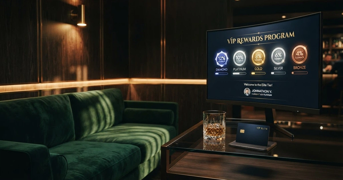 Salon VIP de casino en ligne avec canapé design, écran de jeu affichant des récompenses exclusives et des paliers de fidélité, ambiance tamisée