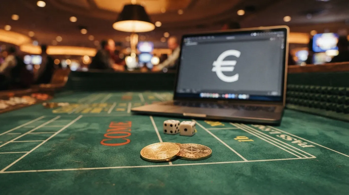 Une pièce physique de bitcoin posée sur le tapis vert d'une table de craps, avec des dés à côté et une interface de casino en ligne affichée en fond d'écran