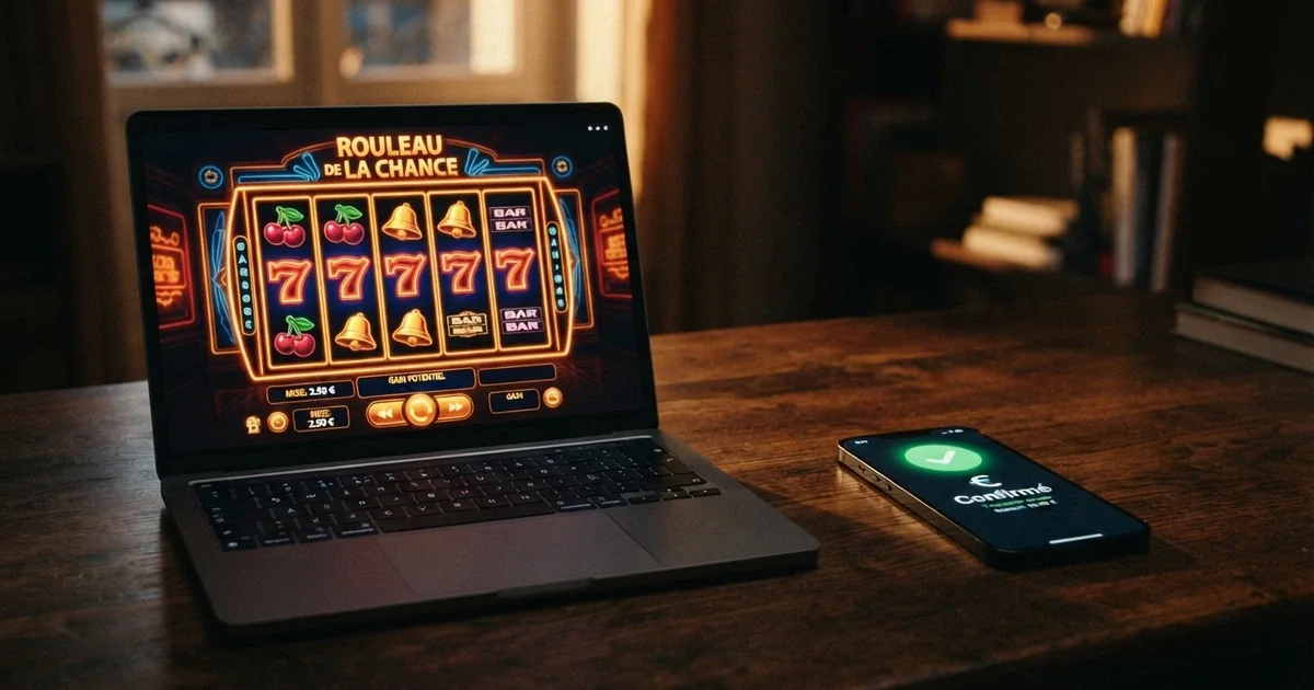 Un écran partagé entre une interface de casino en ligne affichant des slots et un portefeuille crypto sur téléphone montrant une transaction de retrait confirmée