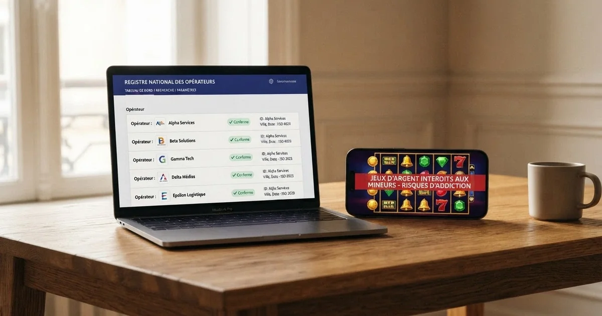 Un écran affichant le site de l'ANJ avec la liste des opérateurs agréés en France, contrasté avec une interface de casino en ligne barrée d'un avertissement