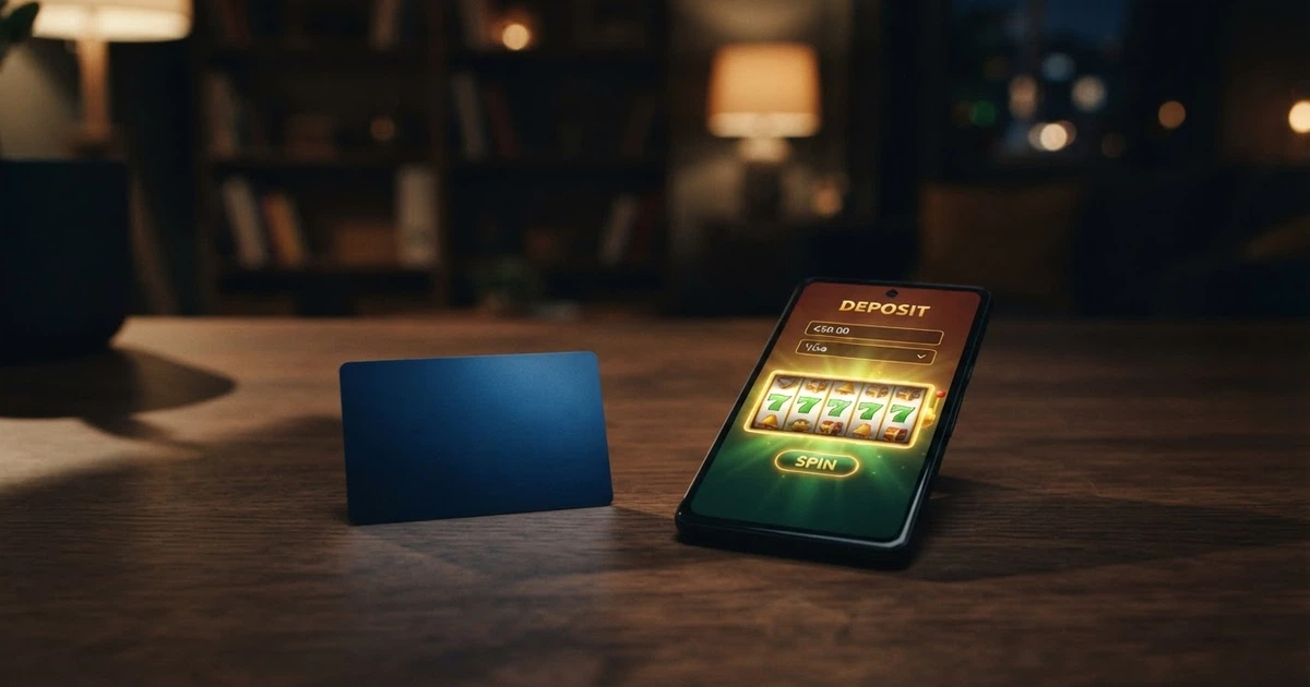 Une carte bancaire CB posée à côté d'un écran de smartphone affichant une page de dépôt de casino en ligne