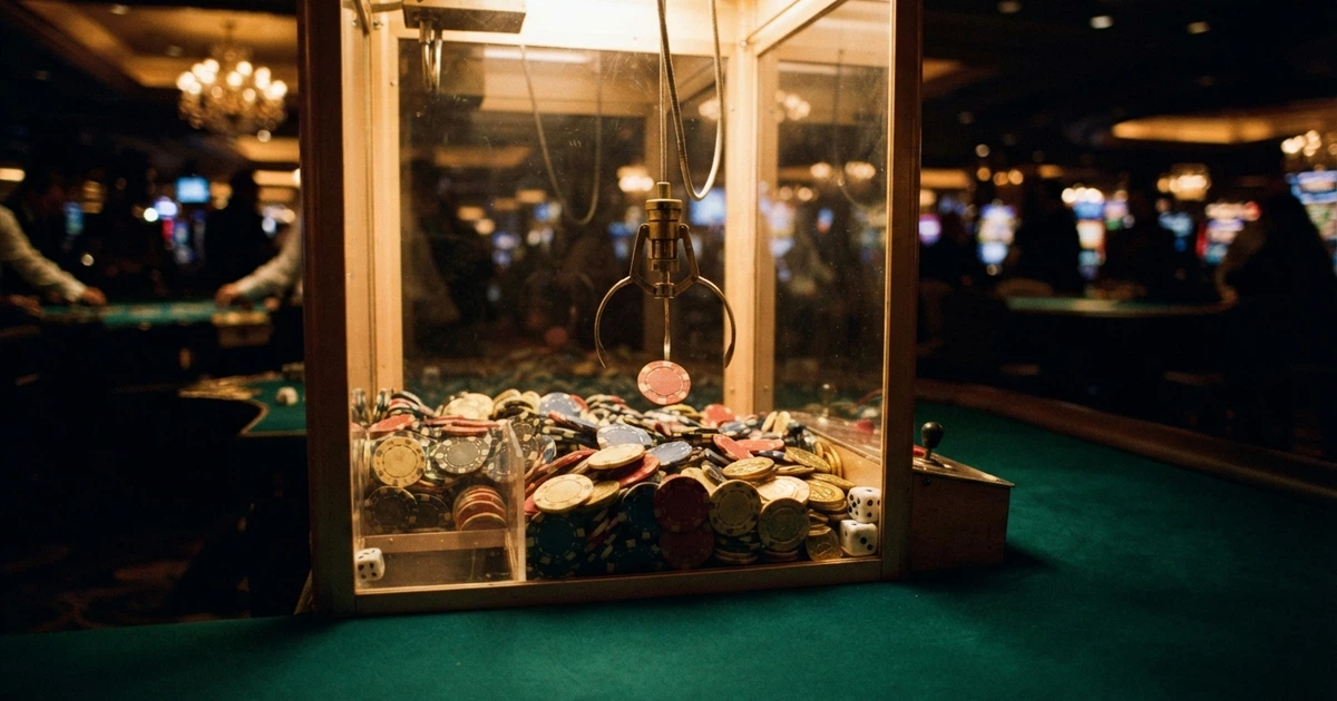 Une machine à griffe de casino remplie de jetons, de pièces dorées et de tours gratuits