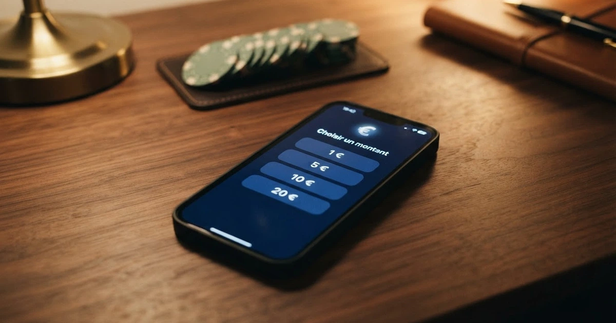 Interface d'un casino en ligne sur smartphone affichant plusieurs options de dépôt à petit montant (1 €, 5 €, 10 €, 20 €)