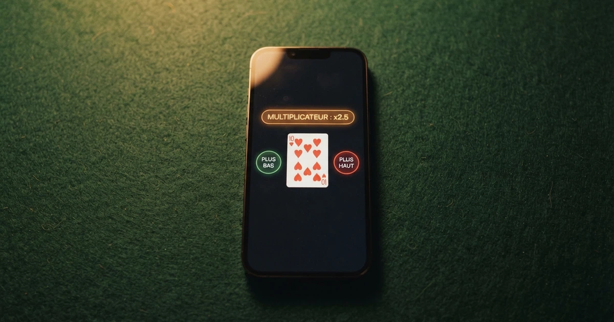 Une interface de jeu Hi-Lo en ligne montrant une carte retournée et les boutons « plus haut » et « plus bas » sur un fond de table de casino numérique