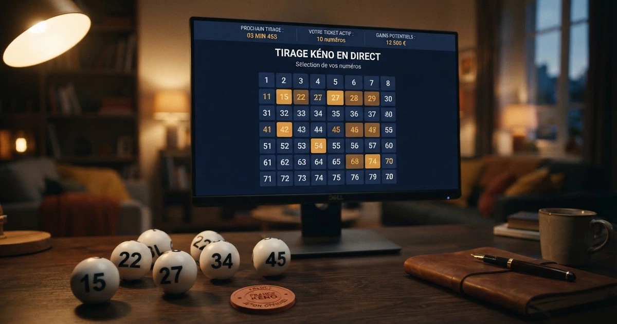 Une grille de keno avec des numéros cochés et des boules numérotées disposées autour, sur fond d'écran d'ordinateur affichant un casino en ligne